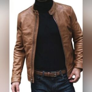 Men's Distressed Tan Faux Leather Bomber Jacket Size XXL